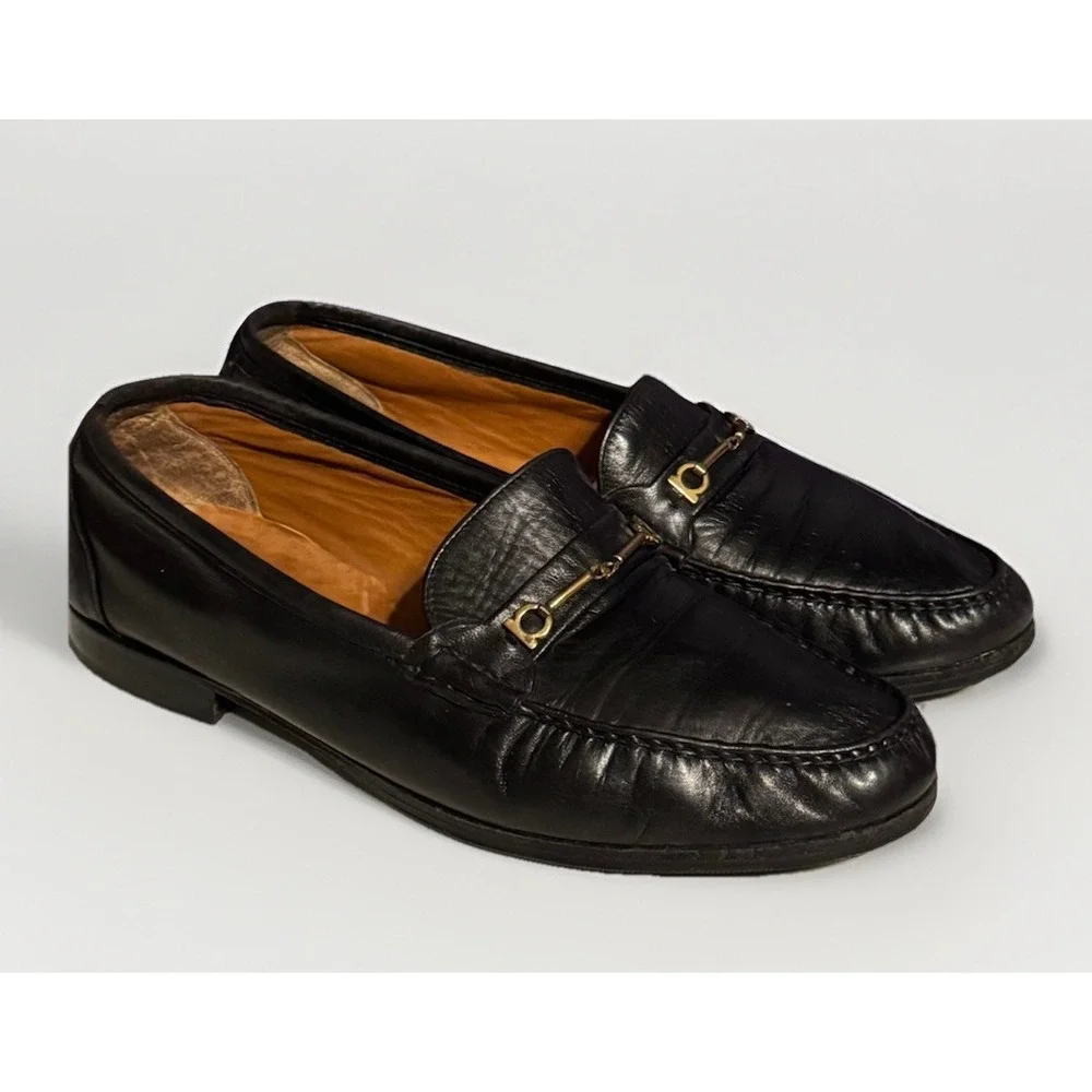 Salvatore Ferragamo Leather Horse Bit Loafers Gold Buckle Black 11 EE Rare